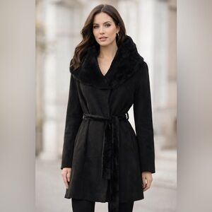 Authentic Shearling Black Hooded Wrap Coat Jacket
